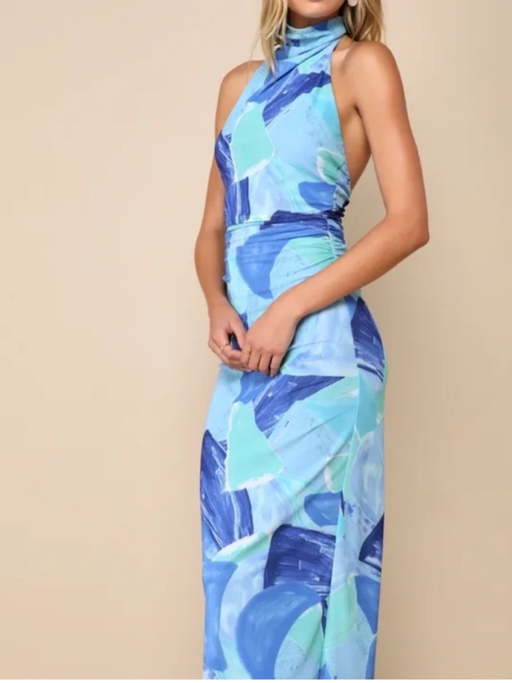 Lulus Idyllic in Ibiza Blue Abstract Print Halter Dress